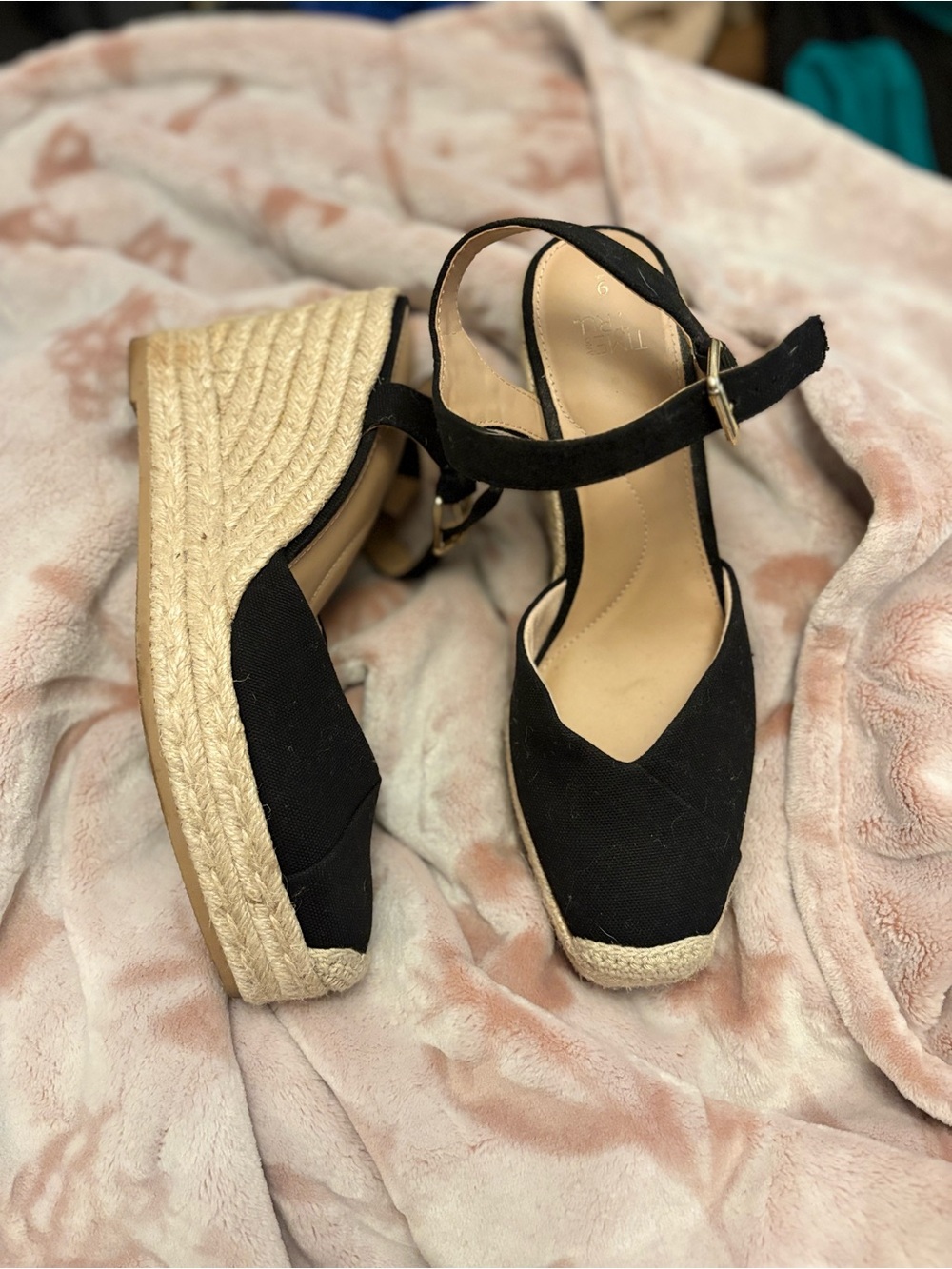 Black Espadrille Wedge Sandals with Gold Buckle Accent